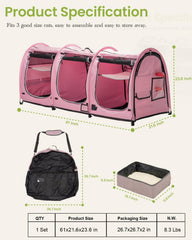 Porayhut portable three-compartment cat cage interior layout offers roomy zones for rest and play