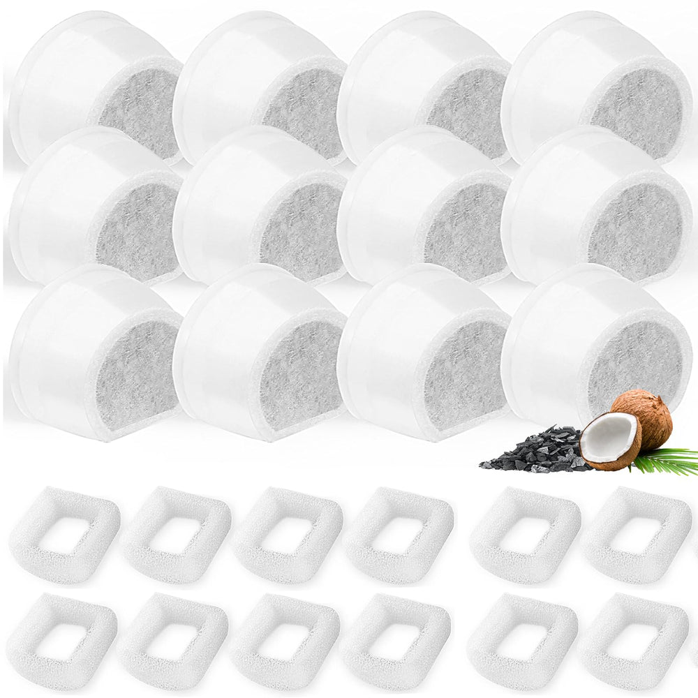 Porens 24-pack cat fountain filters pack close-up showing carbon filters for fresher water