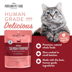 Portland Pet Food Luke's Chicken N' Pumpkin pouch on table for convenient portion-ready serving.