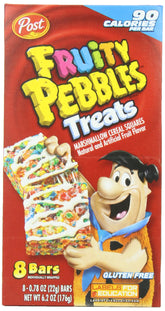 Post Fruity Pebbles Treats four-box display shows convenient family snack option