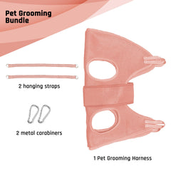 Potens' Pet grooming hammock with safety strap keeps the dog secure during grooming.