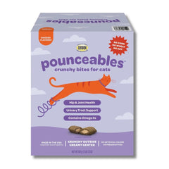 Pounceables Crunchy Cat Treats box front shows chicken flavor and inviting crunch for daily treat time.