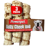 Powerpet Bully Beef Cheek Rolls 3pc Pack closeup for easy daily chewing sessions.