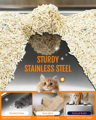 Powools elevated step board helps capture litter from paws.