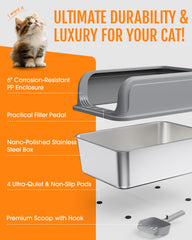 Powools stainless steel litter box with secure overlap buckle reduces spills during daily use.