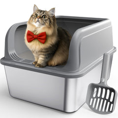 Powools stainless steel cat litter box front view highlighting durable, rust-resistant construction