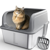 Powools stainless steel cat litter box with top-entry showing contained litter and clean edges.