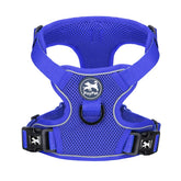 PoyPet reflective soft breathable mesh dog harness royal blue front view improves nighttime visibility.