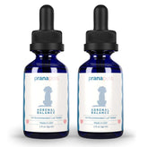 PranaPets Adrenal Balance bottle close-up, licorice-free blend supporting hormonal balance in dogs.