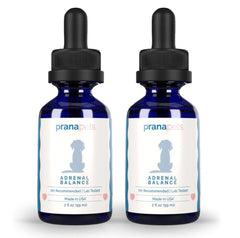 PranaPets Adrenal Balance bottle close-up, licorice-free blend supporting hormonal balance in dogs.