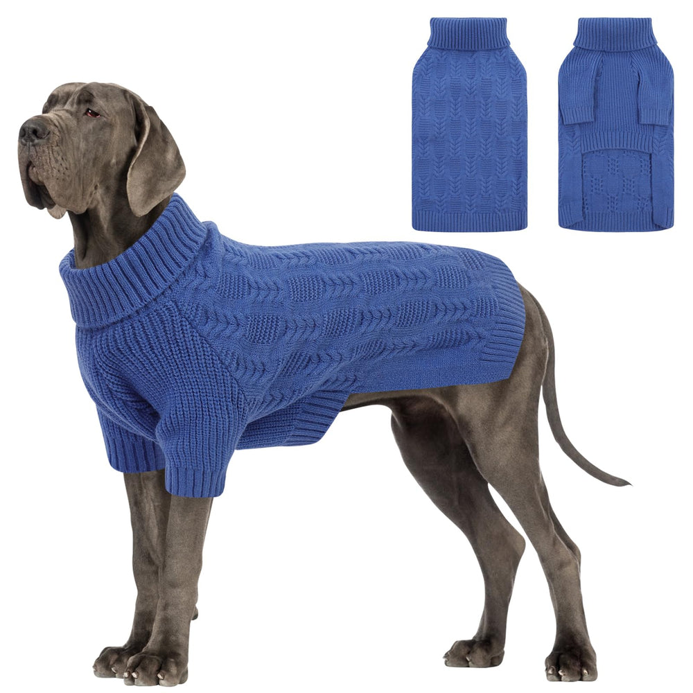 Preferhouse large blue dog sweater front view for warm, roomy fit.
