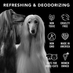 Pride and Groom Proud coat spray focusing on deodorizing and uplifting scent for dogs