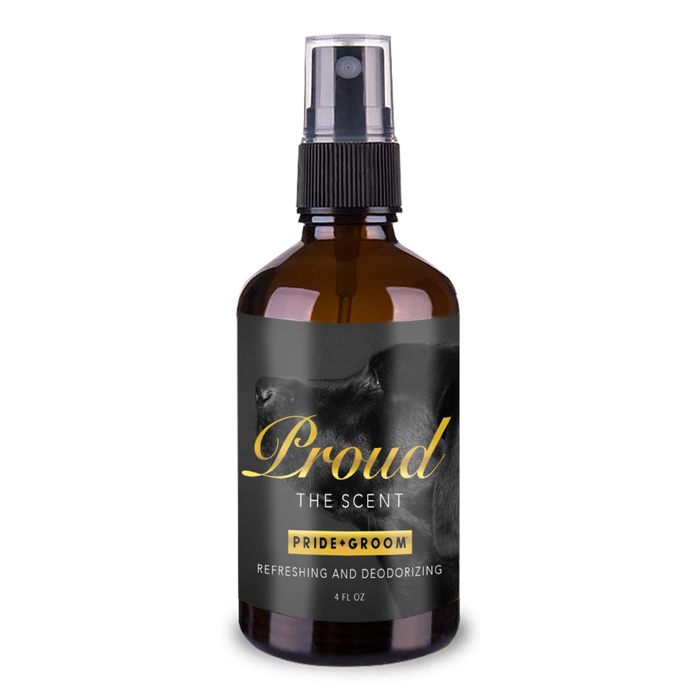 Pride and Groom Proud spray bottle refreshing a dog's coat between baths