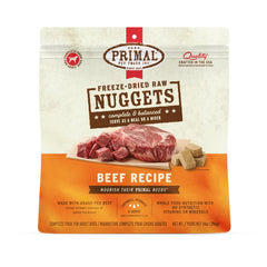 Primal Freeze Dried Beef Nuggets packaging shows shelf-stable premium nutrition.