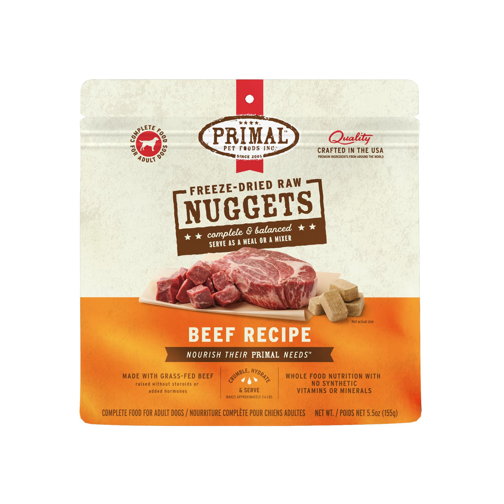 Primal freeze-dried dog food nuggets beef-serving in bowl for a complete meal.