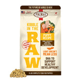 Primal Kibble in the Raw bag closeup shows freeze-dried nutrition for lean, active dogs.