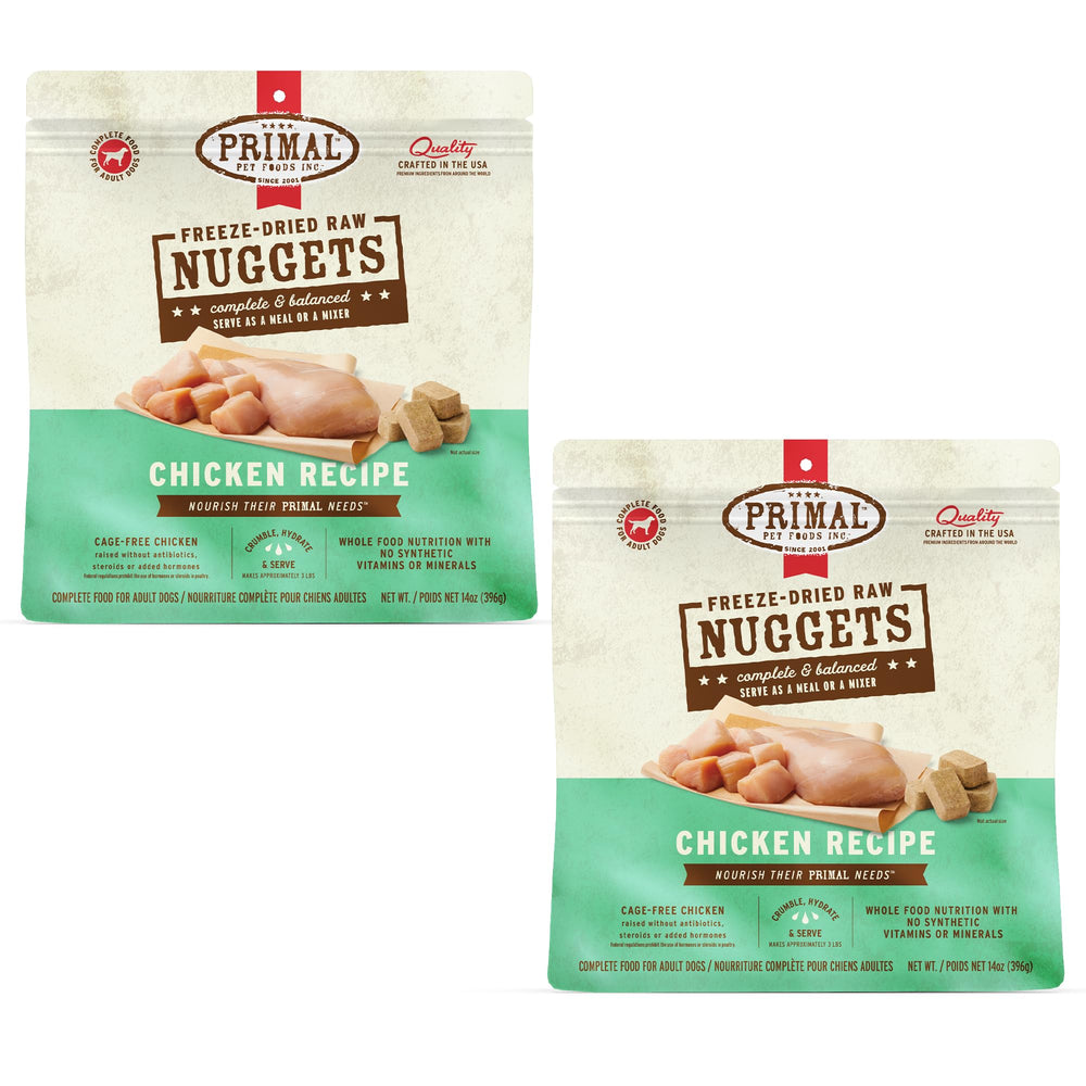 Primal Pet Foods chicken nuggets pack front for grain-free complete meals.