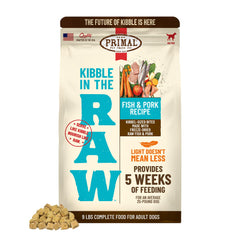 Primal Pet Foods Kibble in the Raw bag with fish and pork for convenient nutrition.