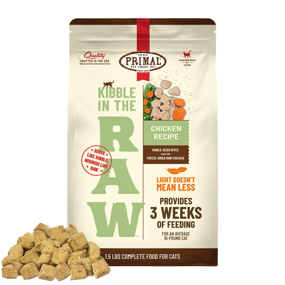 Primal Pet Foods Kibble in The Raw bag shows convenient freeze-dried nutrition for cats.