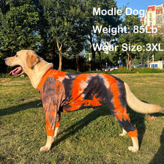 PriPre dog pajamas full-coverage-onesie on dog enables secure lounging indoors.