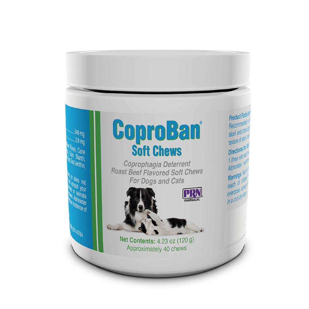 PRN CoproBan bottle label highlights stool-eating deterrence