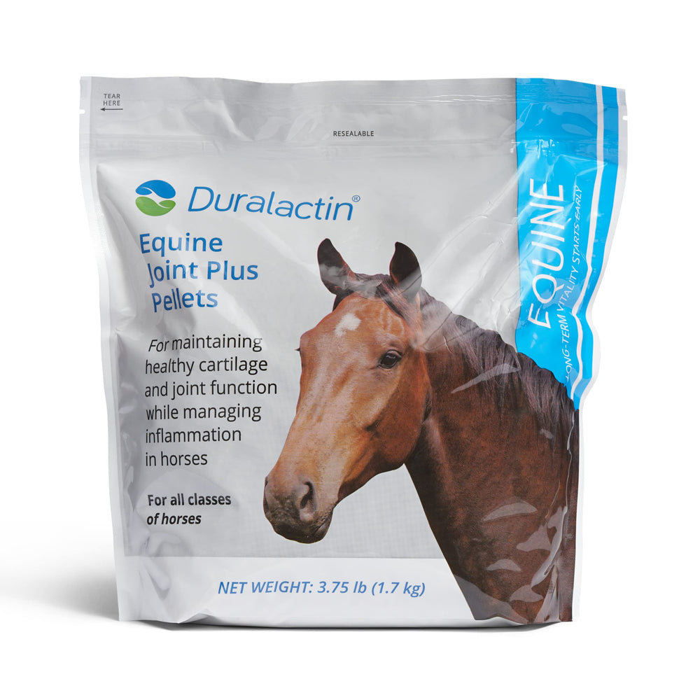 PRN Pharmacal Duralactin Equine Joint Plus Pellets bottle closeup, supporting joint comfort