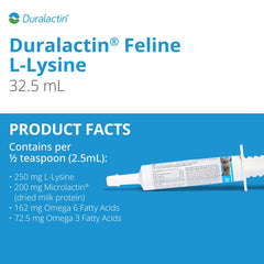 PRN Duralactin feline L-Lysine paste syringe shows easy-dose design for precise administration.