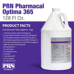 PRN Optima 365 tablespoon measure demonstrates dosing for skin and coat support.