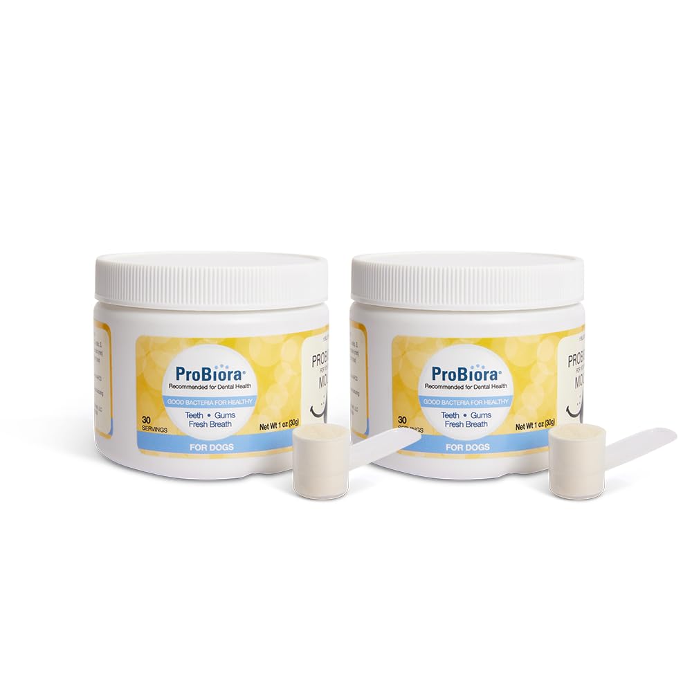 Probiora for Dogs probiotic powder sprinkled on food for fresher breath and healthier gums.
