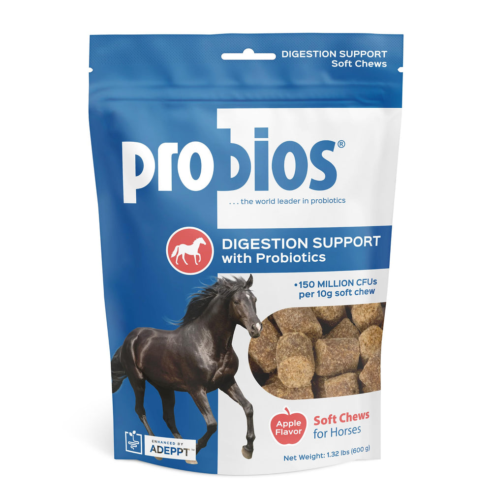 Probios para caballos: gomitas suaves sabor manzana en bote para apoyo digestivo diario.