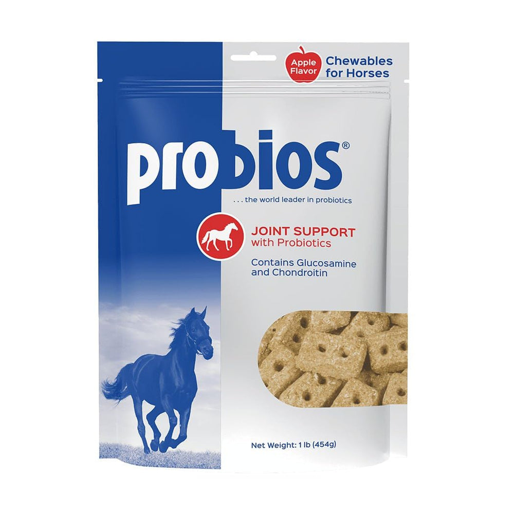 Probios Horse Treats hip and joint bottle showcasing lactose-free formula for digestion and joint support.
