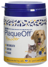 ProDen PlaqueOff 180g jar front view showing powder texture for pet dental health support.