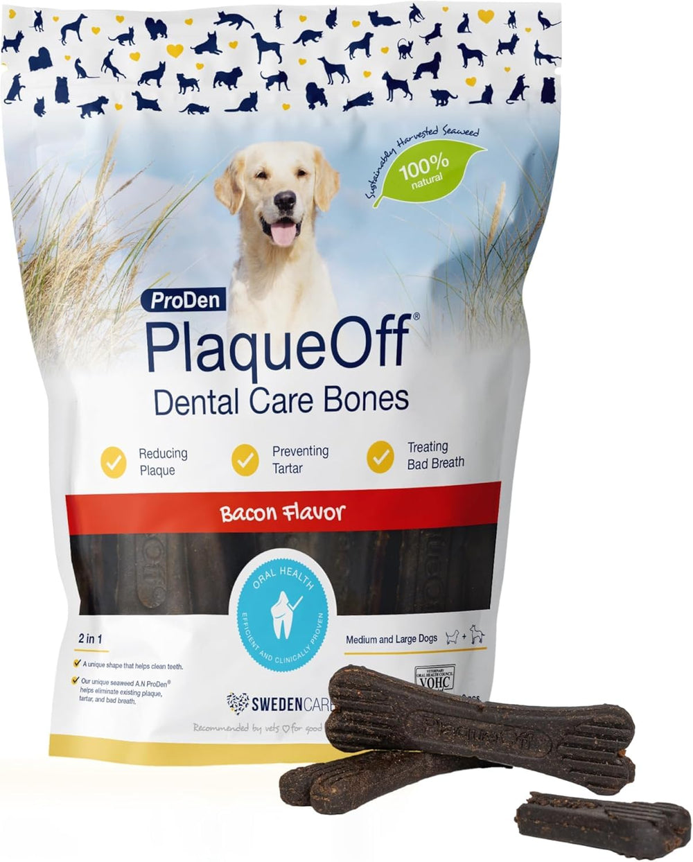ProDen PlaqueOff dog bones bacon flavor close-up showing texture that supports gentle plaque removal.