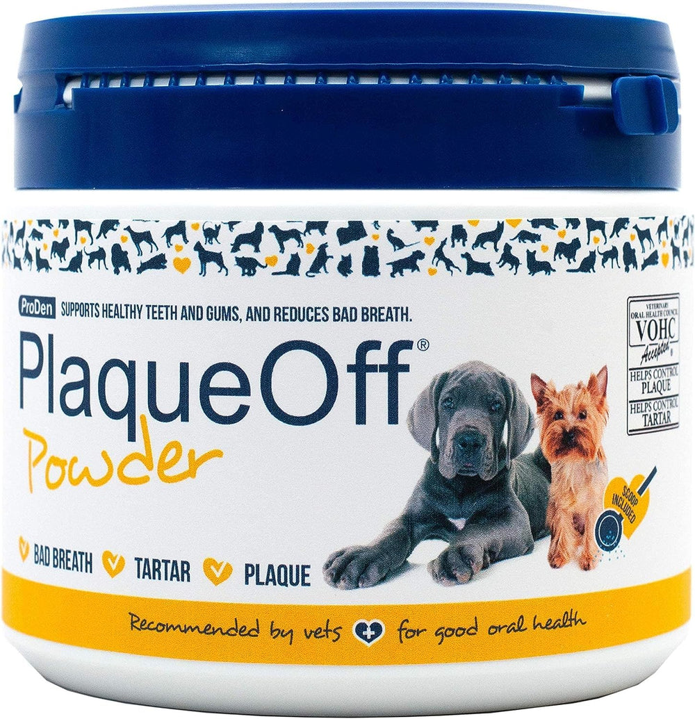 ProDen PlaqueOff Pet 420g tub supports dental care and plaque management for dogs and cats.