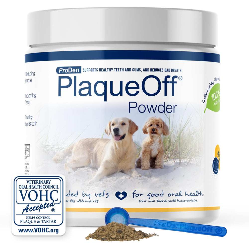 ProDen PlaqueOff powder tub front, supports healthy pet teeth.