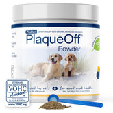 ProDen PlaqueOff powder tub front, supports healthy pet teeth.