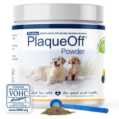 ProDen PlaqueOff powder tub front, supports healthy pet teeth.