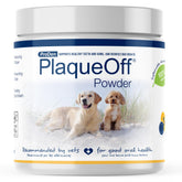 ProDen PlaqueOff powder tub shows convenient pet dental care packaging.