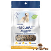 ProDen PlaqueOff Scoopables bottle-label view highlighting natural kelp and bacon flavor for dental care