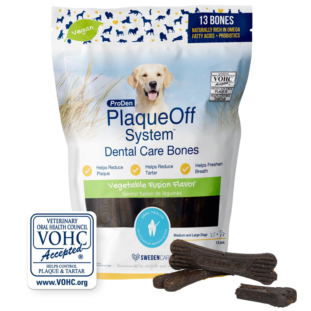 ProDen PlaqueOff System dental bone packaging highlights USA-made formulation for canine dental care.