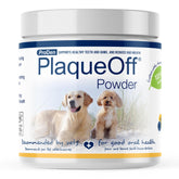 ProDen PlaqueOff powder bottle promotes pet dental health and fresher breath.