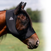 Professional's Choice Comfort-Fit Fly Mask demonstrates stretchy-material for all-day comfort.