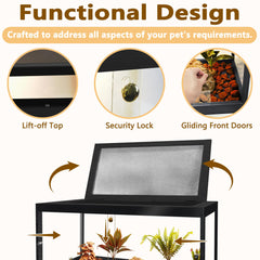 PROLEE Bearded Dragon Tank with metal mesh roof supports ventilation and heat lamp placement.