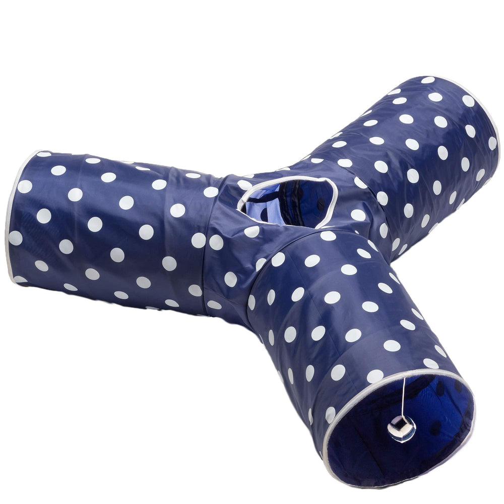 Prosper Pet Cat Tunnel 3-way polka-dot navy enables multi-path play for curious cats.