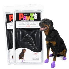 Protex PawZ rubber dog boots—large-paws close-up, secure fit, all-weather protection.