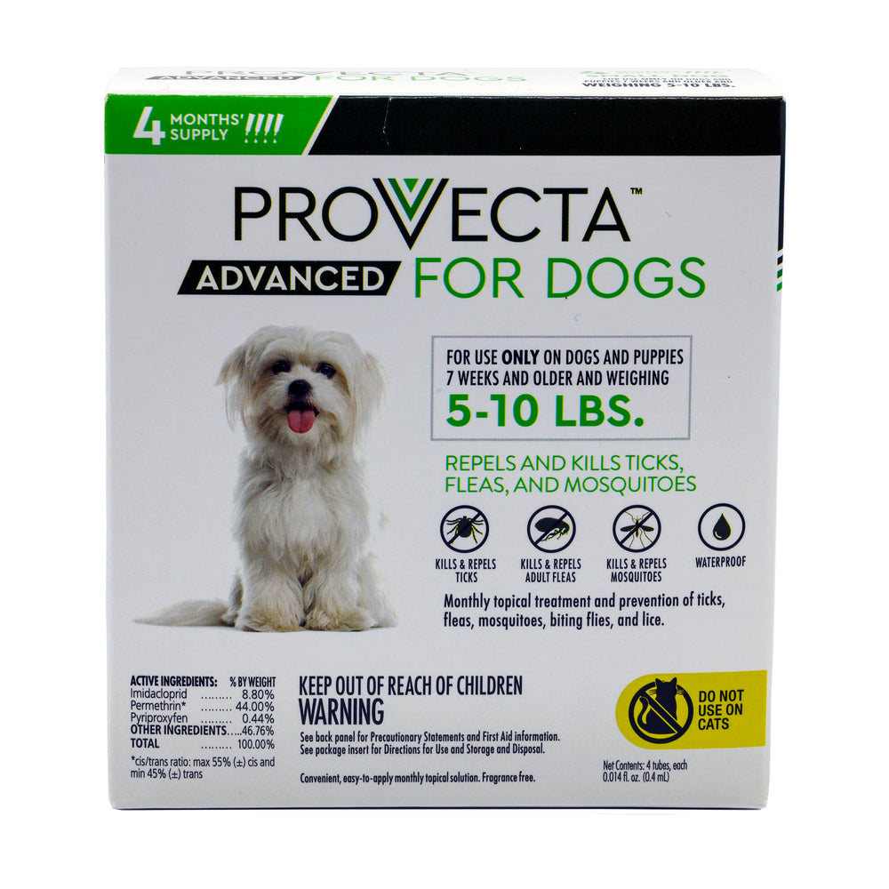 Provecta Advanced for Dogs bottle application shows monthly protection against fleas and ticks.