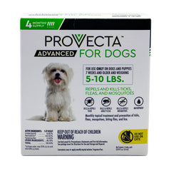 Provecta Advanced for Dogs bottle application shows monthly protection against fleas and ticks.