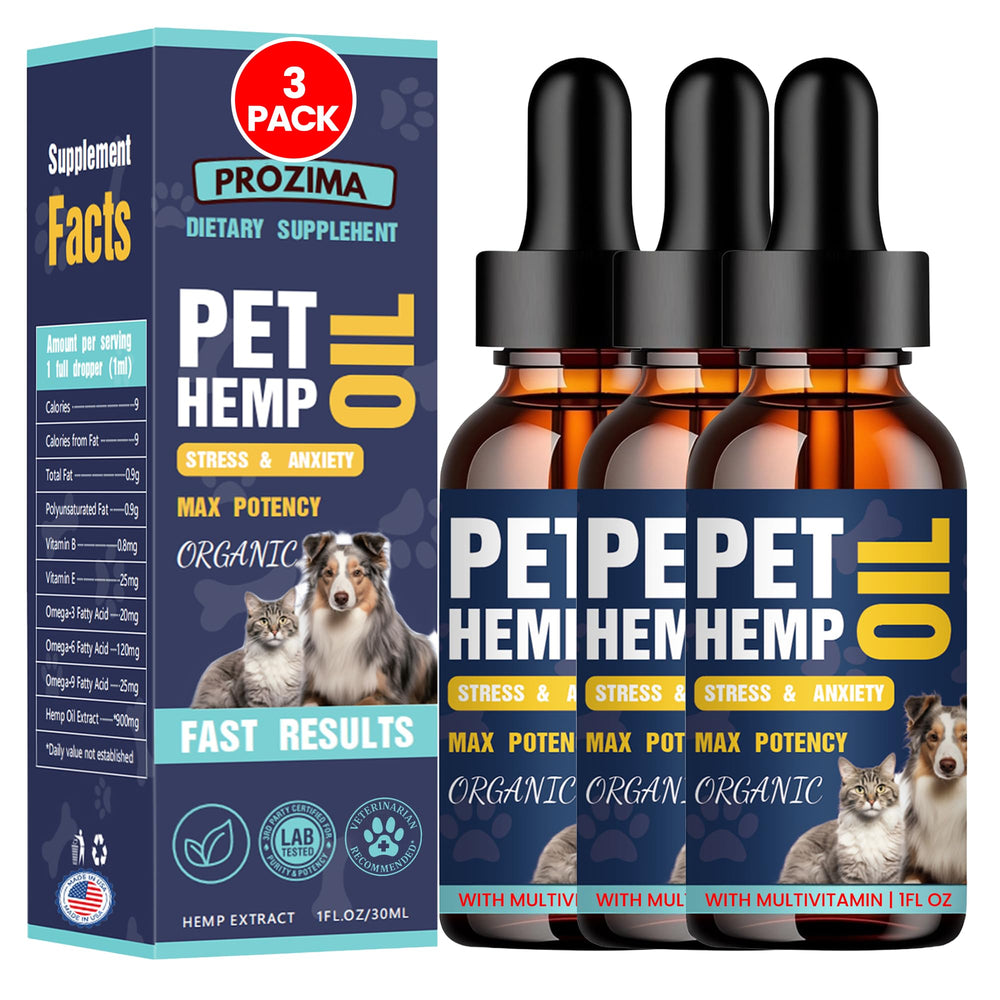 PROZIMA hemp oil dog-cat 3-pack bottle front for organic pet comfort.