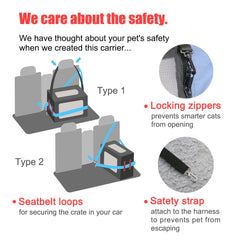 Prutapet carrier seat belt attachment keeps the crate securely fixed in the car.