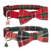 PTDECOR Christmas dog collar with removable bow on plaid fabric for festive photos